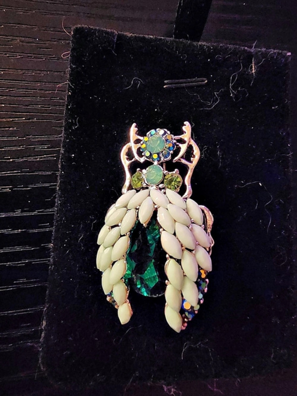 Green & White Jeweled Beetle Brooch